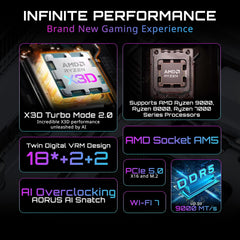X870E AORUS PRO X3D ICE AMD AM5 LGA 1718 ATX Motherboard, Supports AMD Ryzen 9000/8000/7000 Series Processors, DDR5, 18+2+2 Power Phase, 4X M.2, PCIe 5.0, SWIFI, 5GbE, 5-Year Warranty