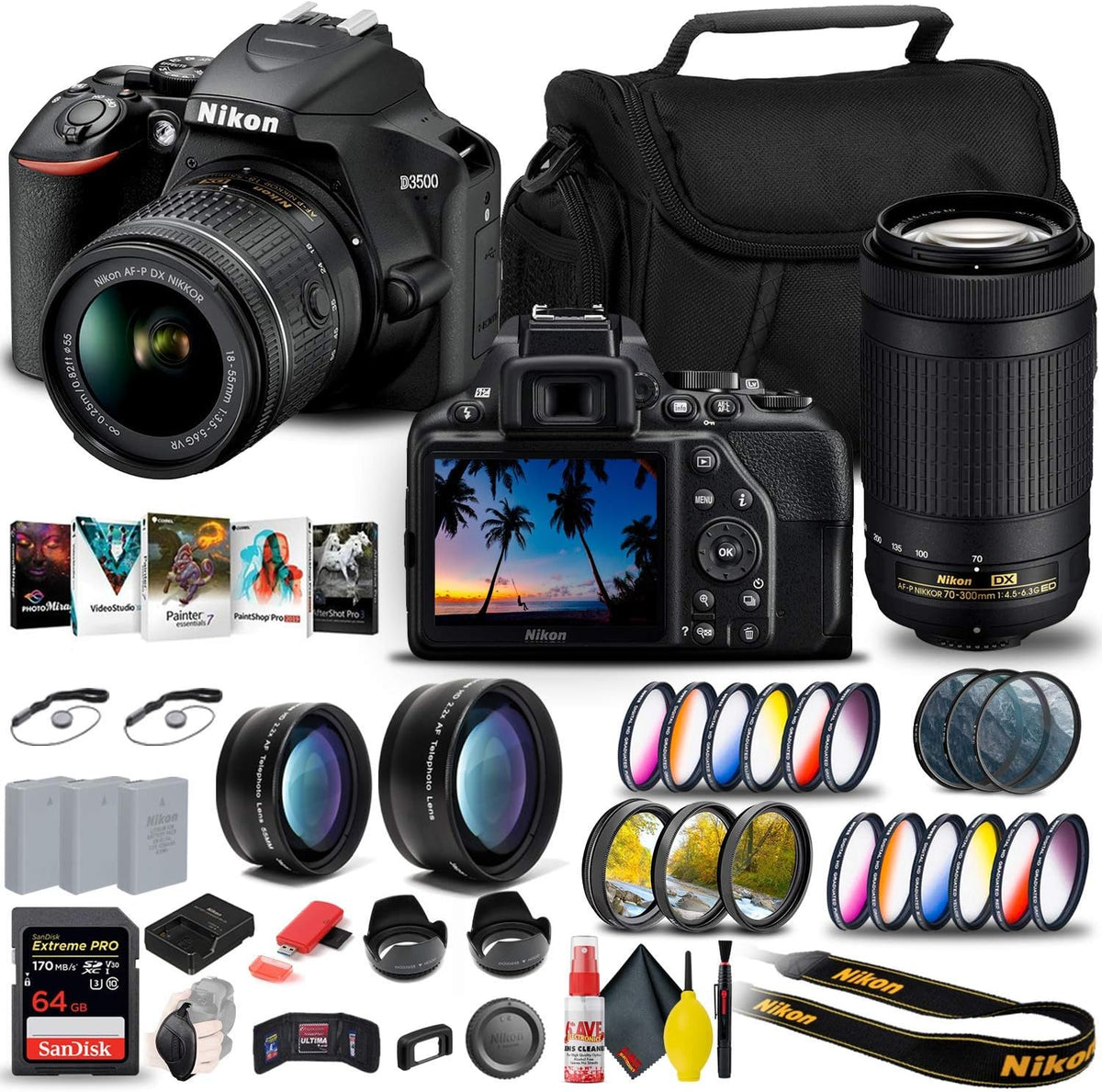 Nikon D3500 DSLR Camera with 18-55mm and 70-300mm Lenses (1588) + 64GB ExtremePro Card + 2 x EN-EL14a Battery + Corel Photo Software + Case + Telephoto Lens + More - International Model