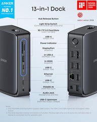 Nano 13-in-1 Laptop Docking Station with Detachable 6-in-1 Hub, USB-C 3 Display Docking (2 HDMI+1 DP), 10 Gbps USB-C, 3 USB-A, Audio, SD/TF, Ethernet, 100W Max PD for Dell/Lenovo/HP Home Office
