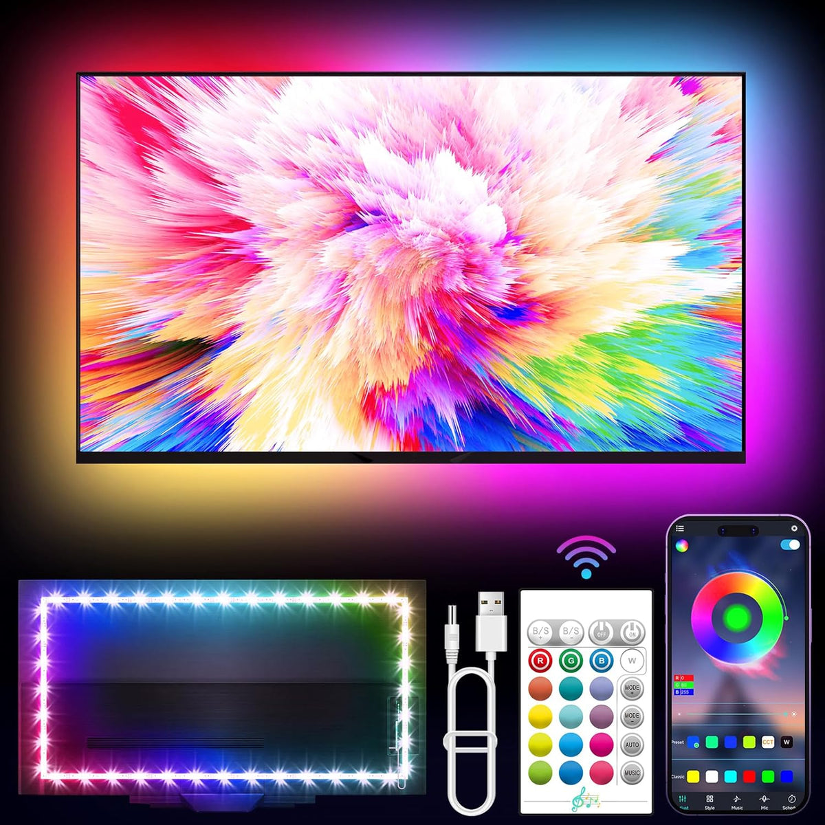 LED Lights for TV, 16.4ft TV LED Backlight for 45-75 Inch TVs, RGB TV Backlight Behind with Music Sync, Smart APP and Button Control Strip Lights USB Powered for Bedroom/Gaming