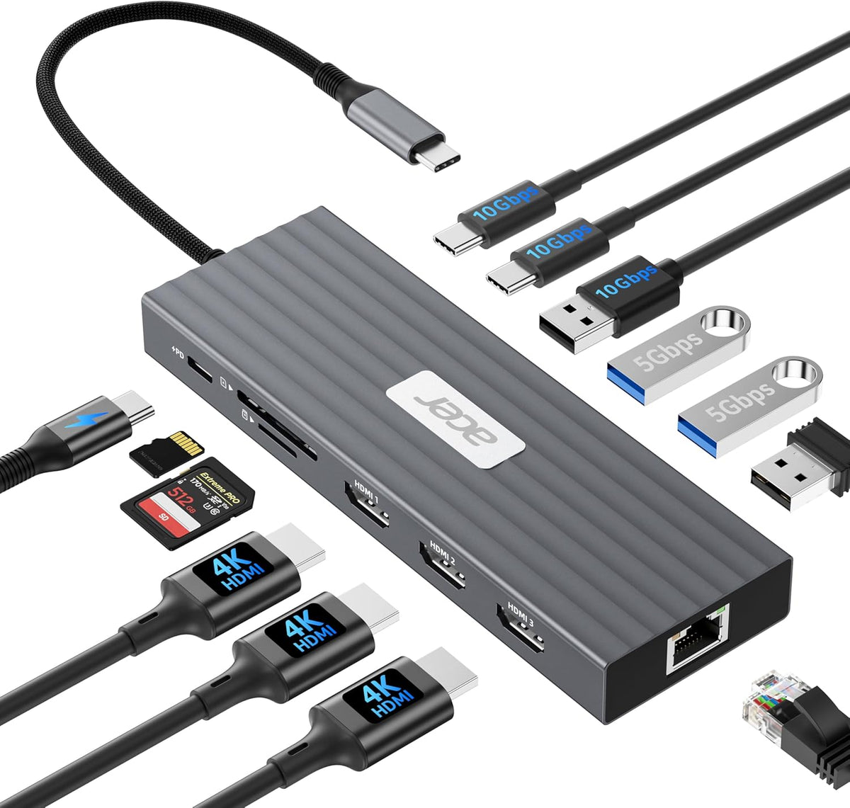 Docking Station 3 Monitors with 3 HDMI, 13-in-1 USB C Hub for Laptop with 4K@60Hz HDMI, 1 Gbps Ethernet, 10Gbps Data, 100W PD, SD/TF, Laptop Dock for Acer, XPS, Spectre, Surface, Mac
