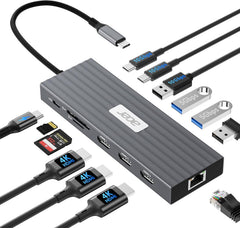 Docking Station 3 Monitors with 3 HDMI, 13-in-1 USB C Hub for Laptop with 4K@60Hz HDMI, 1 Gbps Ethernet, 10Gbps Data, 100W PD, SD/TF, Laptop Dock for Acer, XPS, Spectre, Surface, Mac