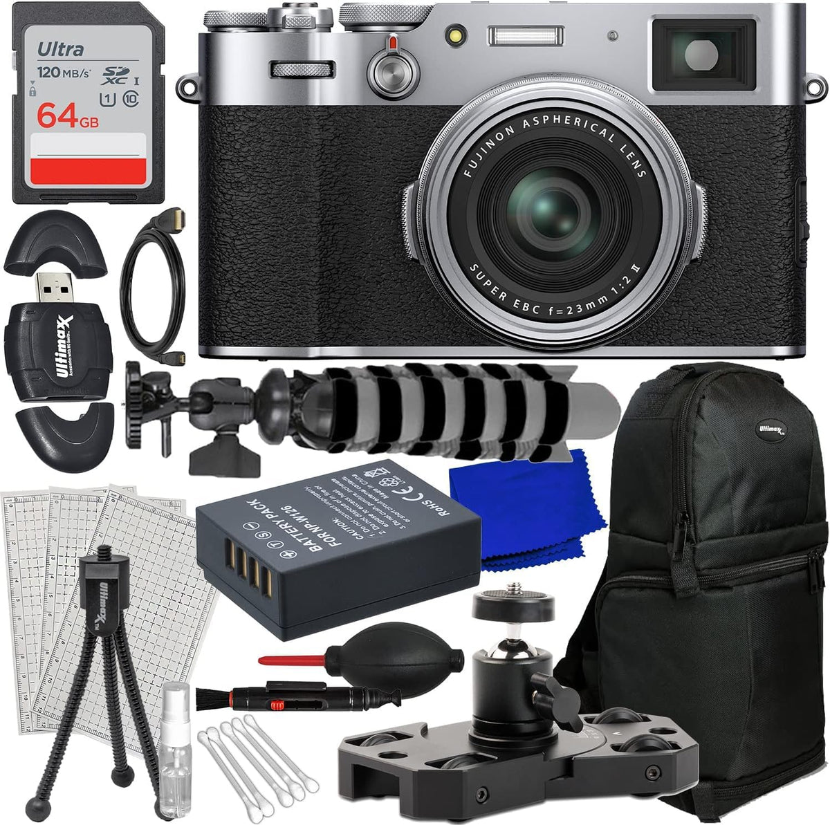 Advanced FUJIFILM X100VI Digital Camera (Silver) Bundle Includes: 64GB SDXC Memory Card, Replacement Battery, Mini Metal Dolly, Sling Backpack, 8" Gripster & Much More (12pc Bundle)