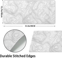 Topographic Map Large Mouse Pad XXL White Lines Contour Geographic Extended Large Desk Mat Big Desk Pad (90X40 CM)(4 MM) Non-Slip Rubber Base Stitched Edge Long Mousepad,35.4 x 15.7 Inch