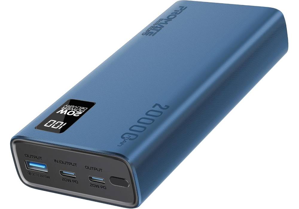 Promate Universal 20000mAh Ultra-Slim Power Bank with 20W USB-C Input/Output Port, QC 3.0 Output, USB-C Ports, LCD Display and Over-Heating Protection for Smartphones and Tablets, Bolt-20PD - Blue