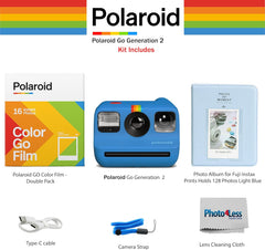 Go Generation 2 Instant Film mini Camera (Blue) Bundled with Polaroid GO Color Film Double Pack, Photo Album (Holds 64 Photos), Lens Cleaning Cloth