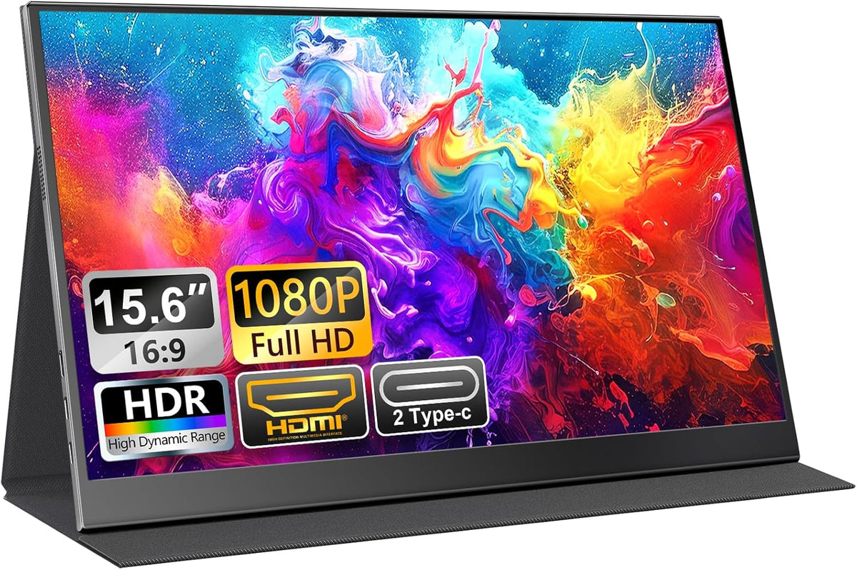 Portable Monitor for Laptops - 15.6 -inch FHD 1080P IPS Screen, Built-in Speakers, USB-C/HDMI, Includes Protective Case, Compatible with Laptops, MAC, PC, Phones, PS4/5, Xbox, Switch