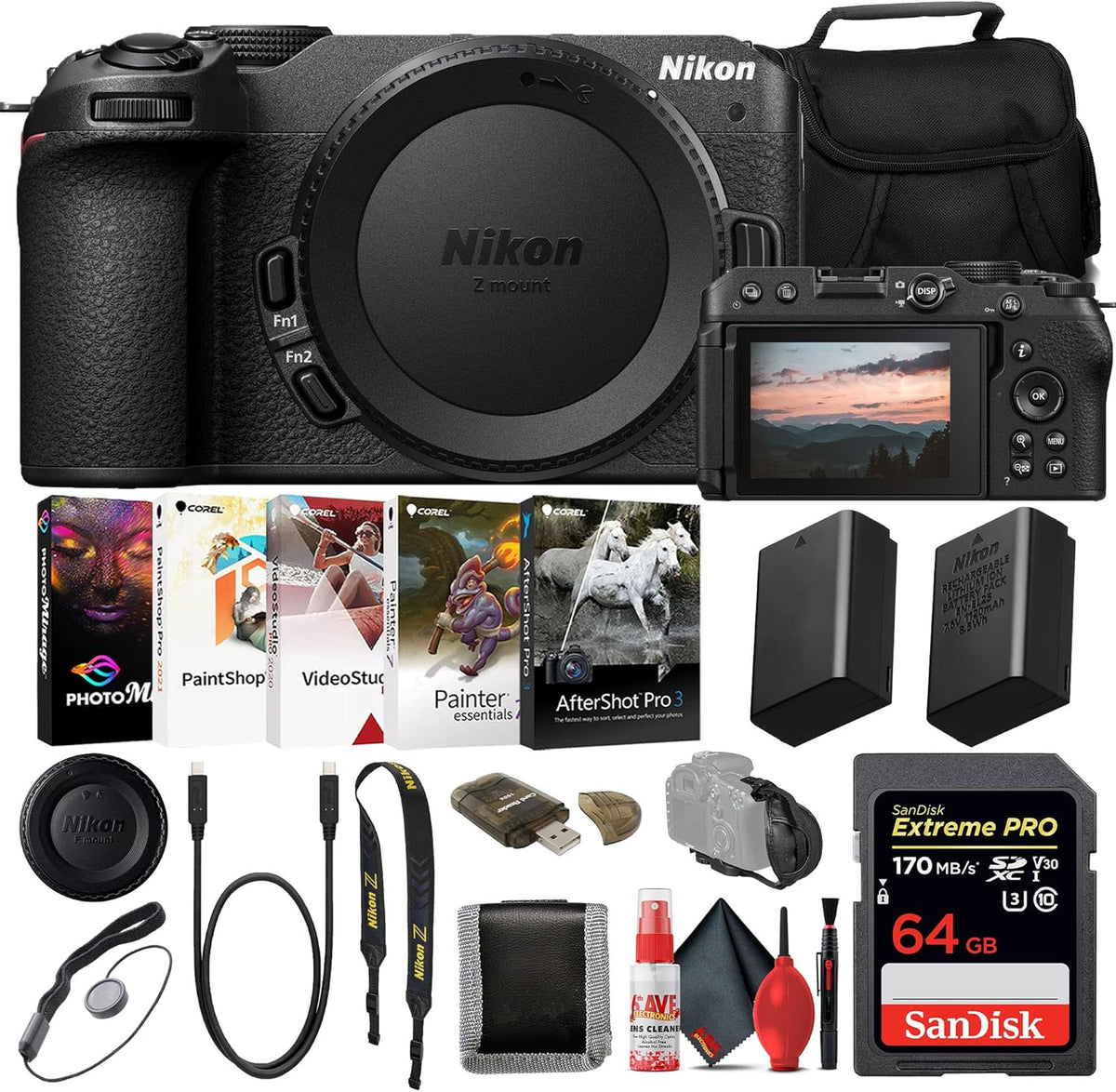Nikon Z30 Mirrorless Digital Camera (Body Only) (1737) INTL Model with 64GB Extreme PRO Card + EN-EL25 Extra Battery + Photo Editing Software + Camera Bag + Cleaning Kit + More