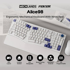 Feker Alice98 Ergonomic 98 Keys Custom Mechanical Keyboard, VIA Programmable, USB-C Wired Gaming Keyboard, Hot Swappable, 5 Layer Paddings, Control Knob, NKRO, RGB for Win/Mac (White)