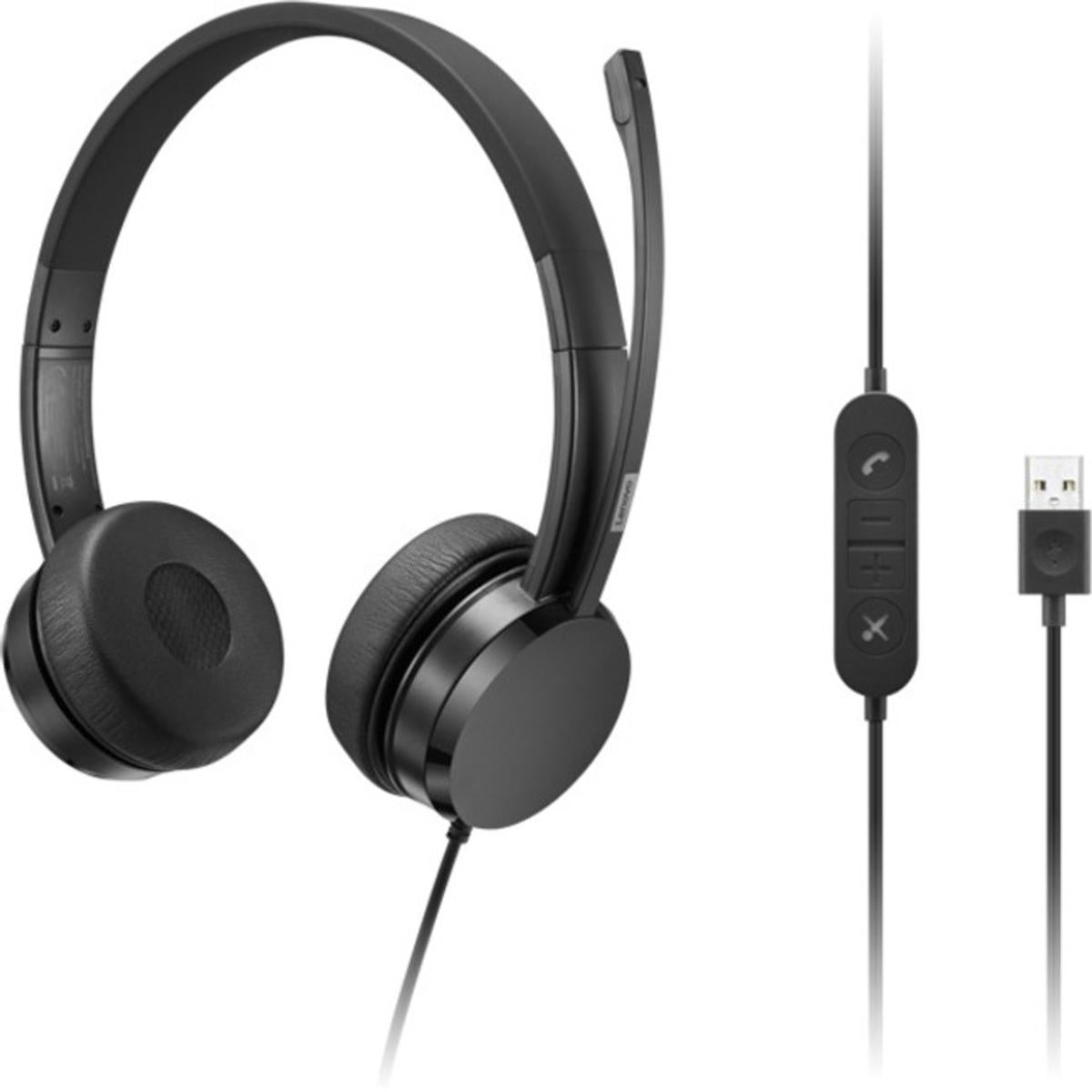 Lenovo Usb A Stereo On Ear Business Lightweight Headset W/ Control Box & Noise Cancellation Black - CompuMe