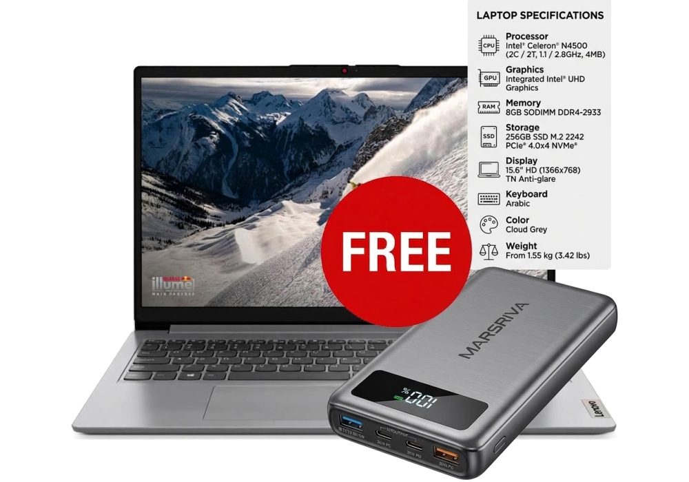 Laptop Lenovo IdeaPad 1 15IJL7 Super Light Wight Intel® Celeron® N4500, 8GB DDR4, 256GB SSD, SD Card Reader, Cloud Grey w/ MARSRIVA 10000mAh Fashion Power Bank