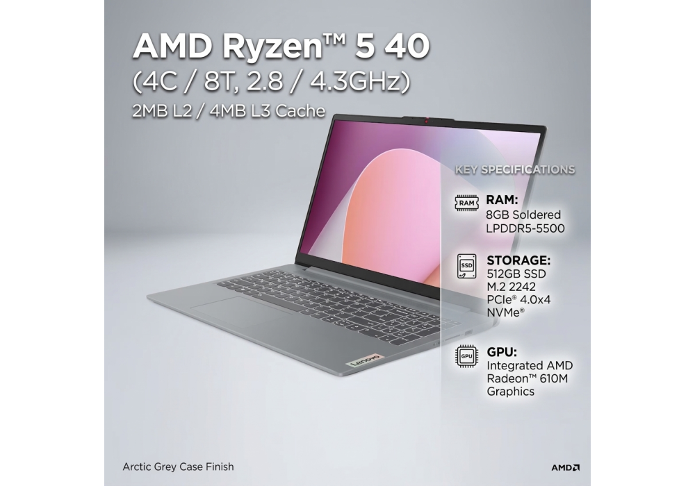 Lenovo IdeaPad Slim 3 15AMN8 Business & Everyday Tasks Laptop, AMD Ryzen™ 5 40, 8GB LPDDR5 (not upgradable), 512GB SSD, 15.6" FHD, SD Card Reader, 2 Year Warranty, Arctic Grey