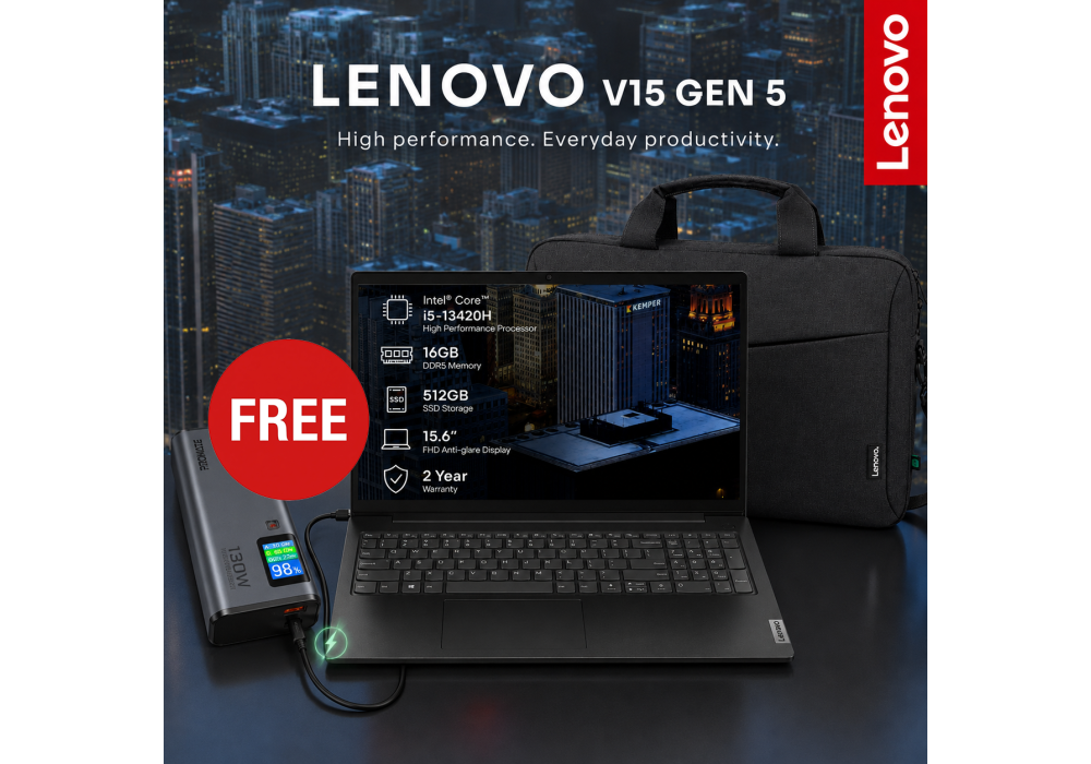 Lenovo V15 Gen 5 i Laptop Free Power Bundle, Intel Core i5-13420H. 4.0GHz High-Performance, 16GB DDR5, 512GB SSD, 15.6" FHD, Ethernet (RJ-45), 2 Year Warranty w/ Laptop Case & Promate 130W Laptop Power Bank 20000mAh Titan-130