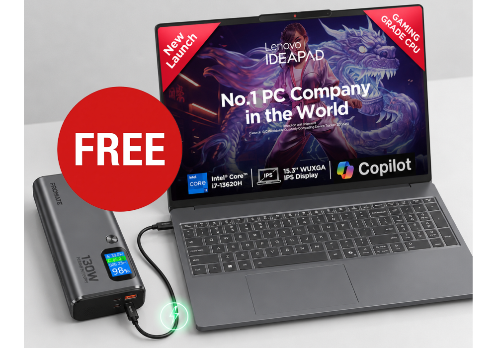 Lenovo IdeaPad Slim 3 Laptop Free Power Bundle, 13th Gen Intel Core i7-13620H, 16GB DDR5, 512GB SSD, 15.3" FHD+ 300 Nits, Ar/En Keyboard, Thin & Light Laptop w/ Promate 130W Laptop Power Bank 20000mAh Titan-130