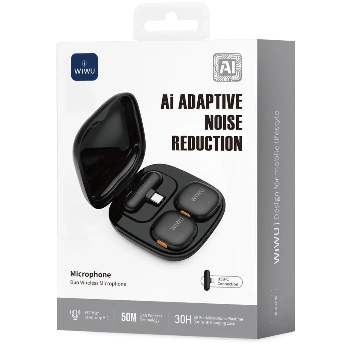 WiWU Wi-WM006 AI Noise Cancelling Wireless Lavalier Microphone - Black