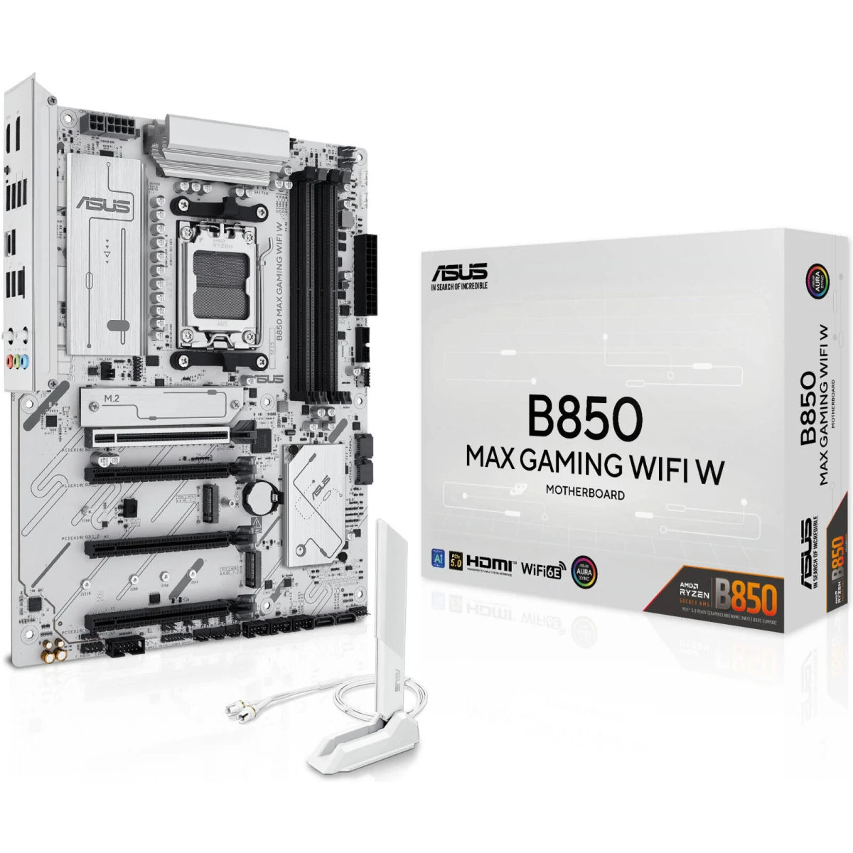 ASUS B850 MAX Gaming WIFI AM5 ATX Motherboard, AMD B850 Chipset, 4x DIMM DDR5 Slots, Up to 256GB Max Memory, 1x PCIe 5.0 x16, 3x M.2 Slots, Wi-Fi 6E & BT 5.3, White
