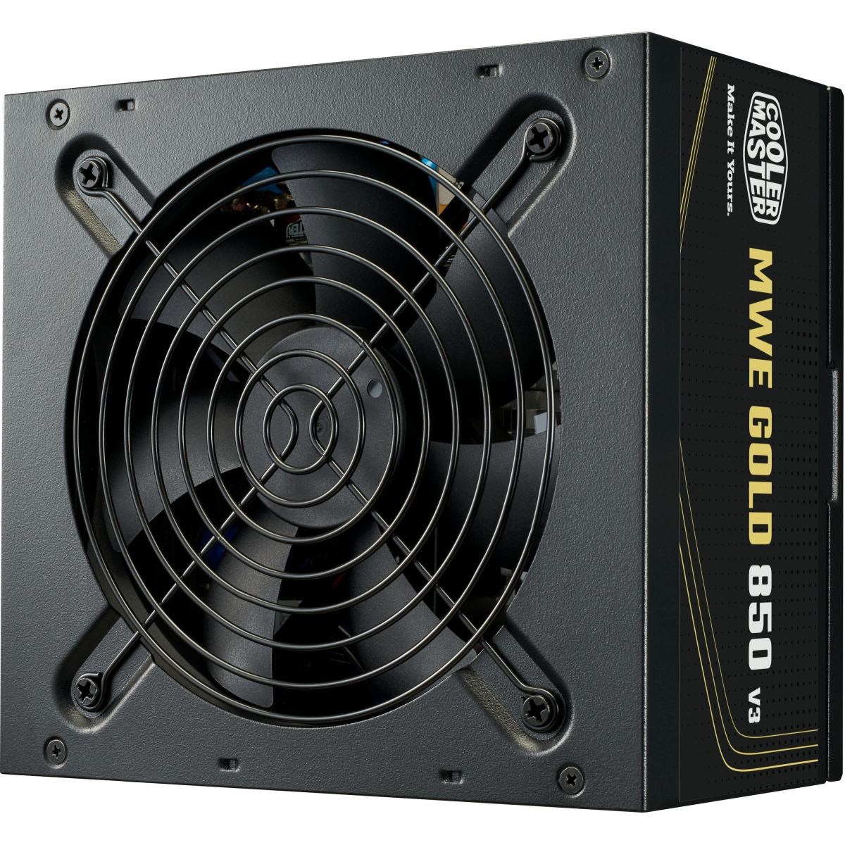 Cooler Master MWE V3 Series 850W Gold Non-Modular Power Supply - Active PFC - ATX Version: ATX 12V Ver. 3.1 - Input Frequency: 50-60Hz - Fan Size: 120mm - Fan bearing: HDB - Fan Speed: 2400RPM - 80 PLUS Gold - MTBF: >100,000 hours