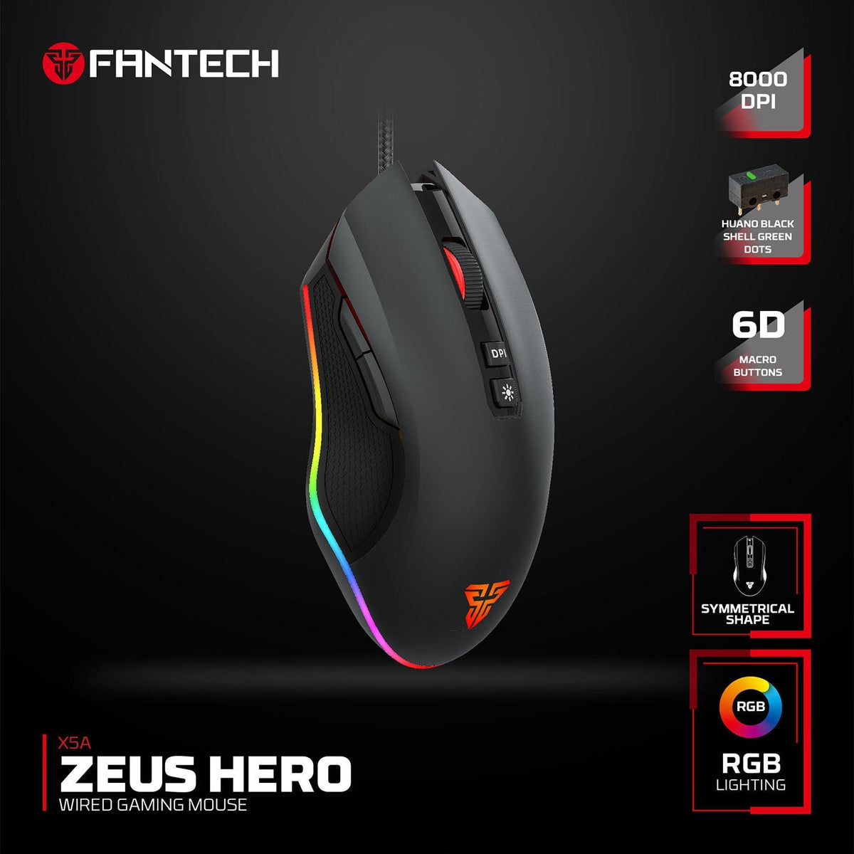 FANTECH X5A ZEUS HERO RGB GAMING MOUSE - BLACK