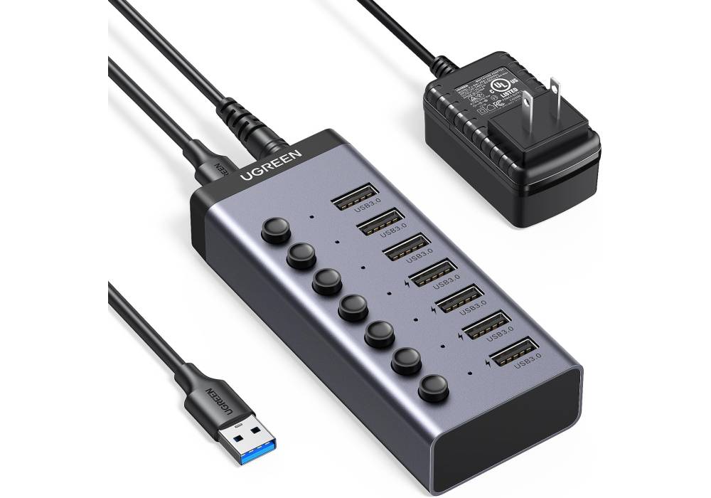 UGREEN Powered USB 3.0 Hub, 7-Port USB Adapter with 4 Smart Charging Ports, USB Splitter with Individual Led On/Off Switches and Power Adapter, USB Ports Extender for Laptop PC