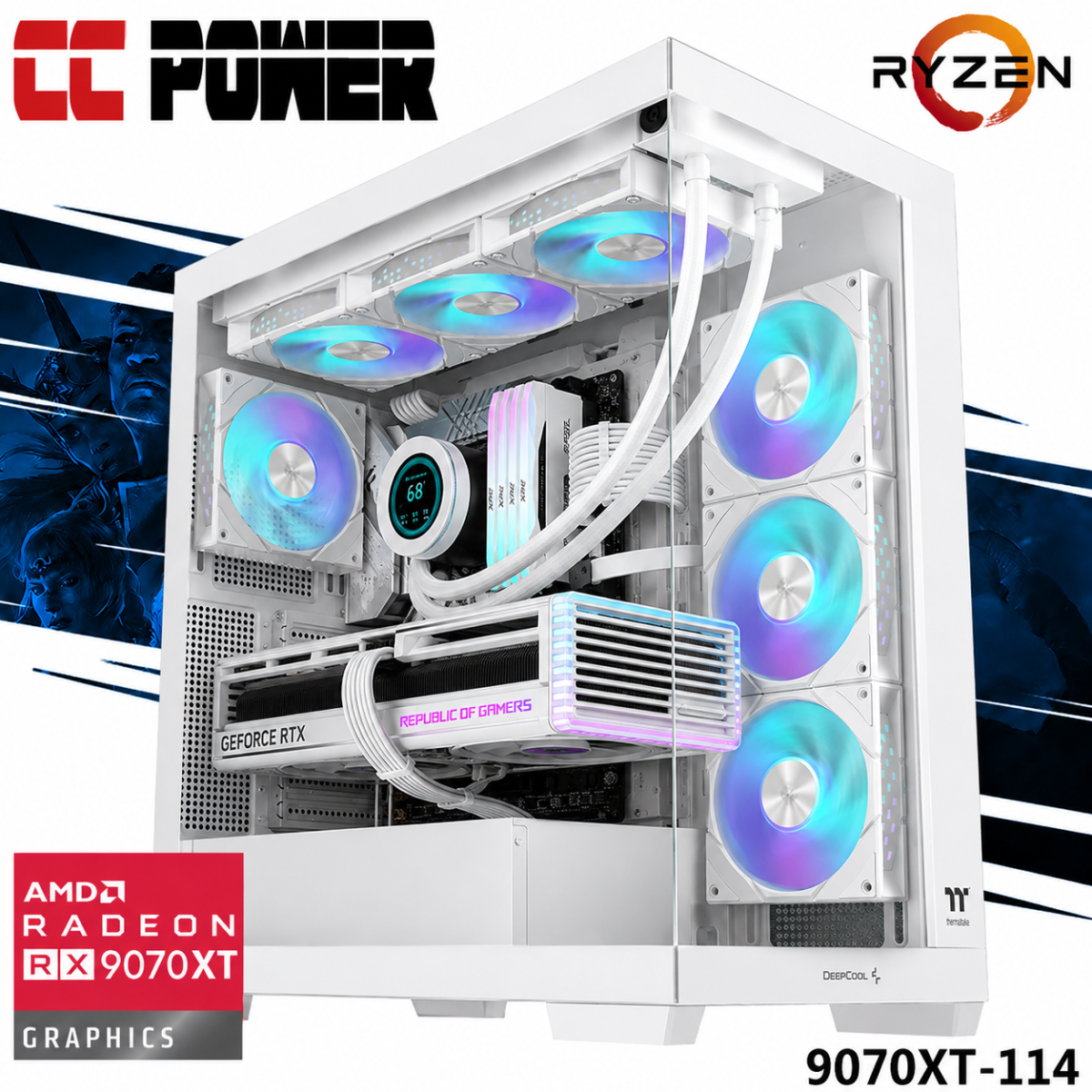 CC Power 9070XT-114 Gaming PC NEW 9Gen AMD Ryzen 9 9950X 16-Cores w/ AMD Radeon RX 9070 XT 16GB GDDR6 & Liquid Cooler