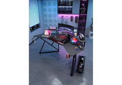 180CM Gaming Desk, Ergonomic Carbon Fiber Surface Computer Table, Extra-Large Wing-Shaped Computer Desk Monitor Stands, Gaming Table with Cup Holder (Black)