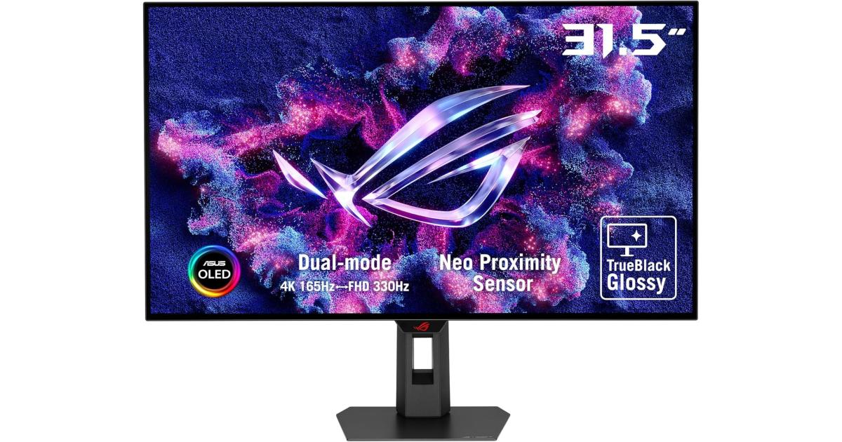 ASUS ROG Strix OLED XG32UCWG Gaming Monitor 32" 4K TrueBlack Glossy OLED, Dual Mode (4K@165Hz, FHD@330Hz), 0.03ms (GTG), G-SYNC® compatible, Custom Heatsink, OLED Care Pro, Neo Proximity Sensor, VESA DisplayHDR™ 400 True Black, Auto KVM, USB Type-C
