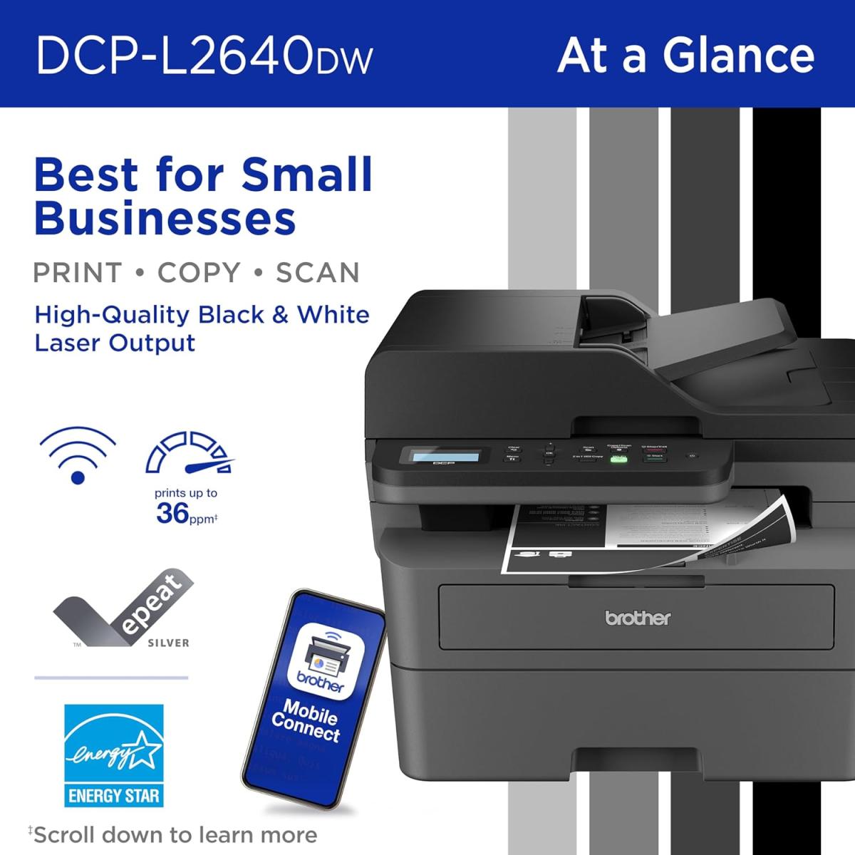 Brother DCP-L2640DW Wireless Mono Laser Multifunction 3-In-One Printer w/ 50-Page Auto Document Feeder - Black Brother DCP-L2640DW Wireless Mono Laser Multifunction 3-In-One Printer w/ 50-Page Auto Document Feeder - Black