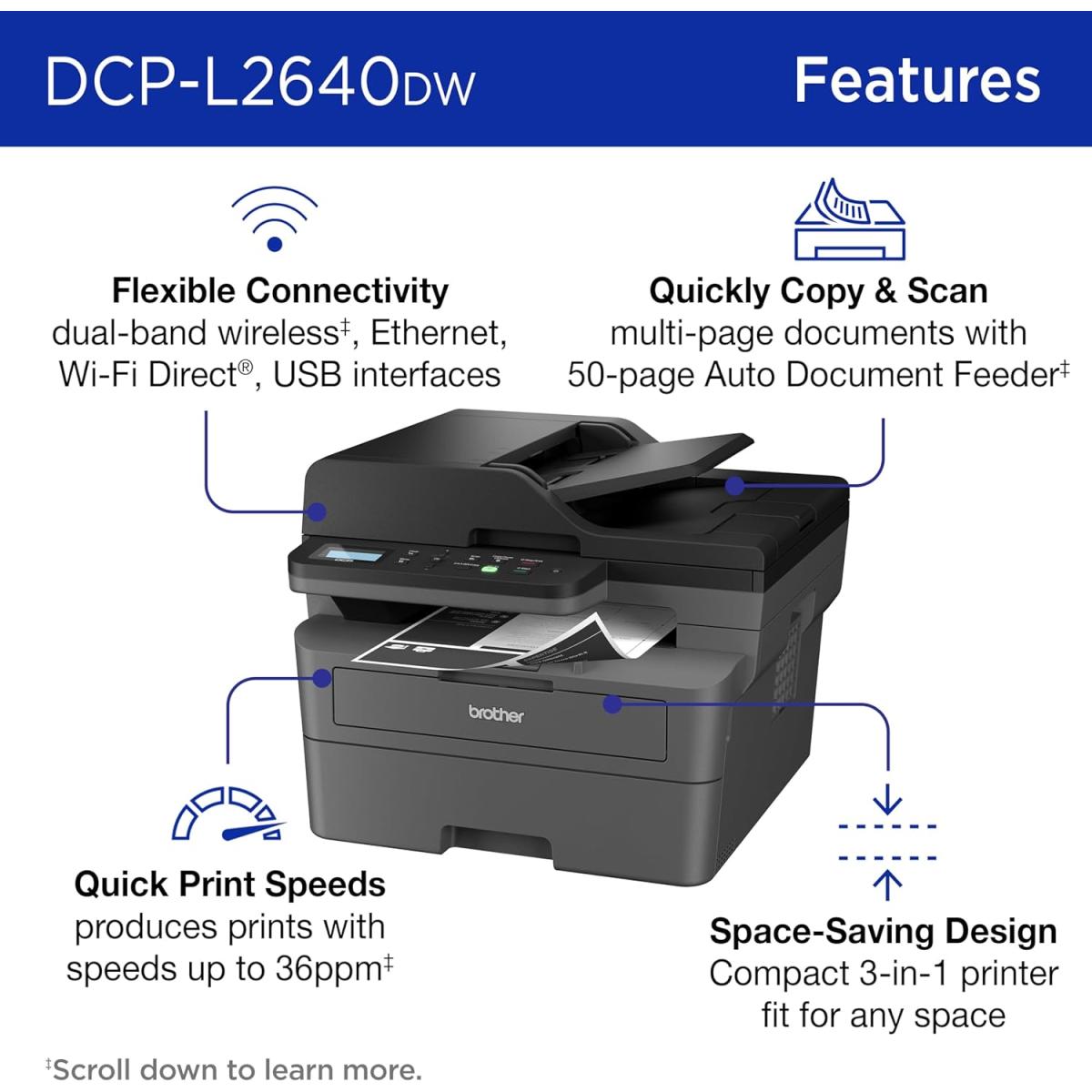 Brother DCP-L2640DW Wireless Mono Laser Multifunction 3-In-One Printer w/ 50-Page Auto Document Feeder - Black Brother DCP-L2640DW Wireless Mono Laser Multifunction 3-In-One Printer w/ 50-Page Auto Document Feeder - Black