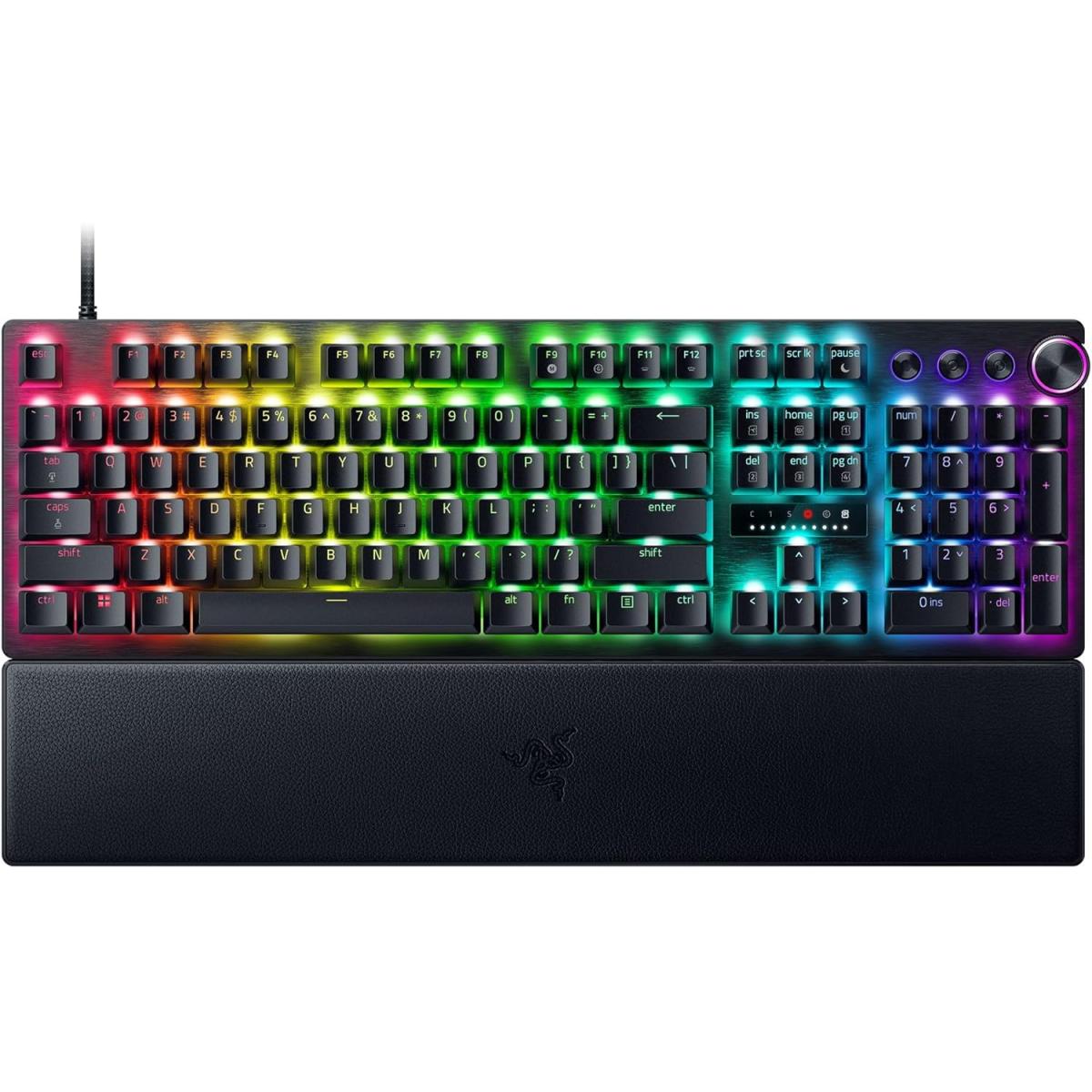 Razer Huntsman V3 Pro Esports Analog Optical Switches Razer Snap Tap Rapid Trigger Adjustable Actuation Media Keys & Dial Doubleshot PBT Keycaps Wrist Rest - Black