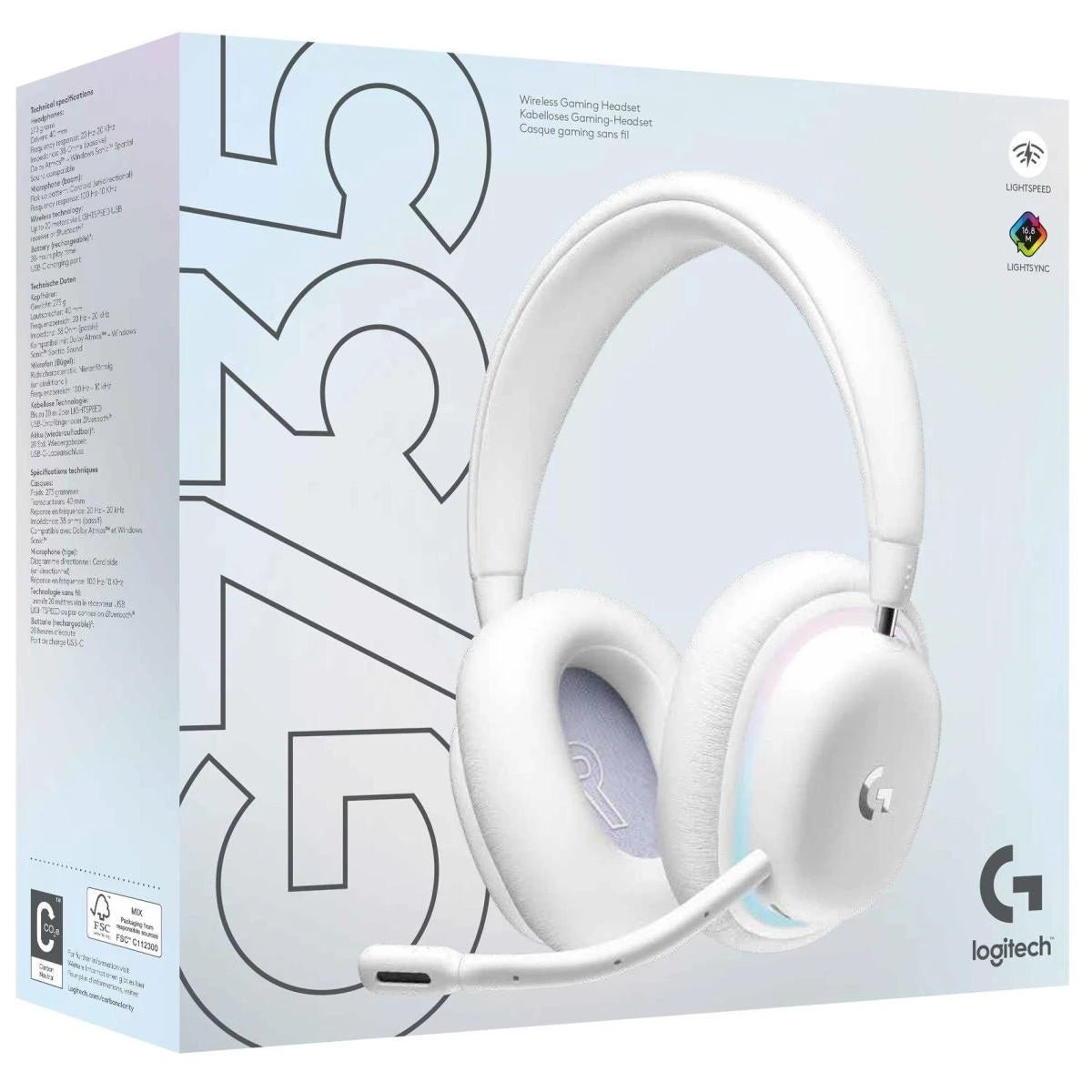 Logitech G735 Wireless Gaming Headset, 40mm Audio Drivers, 16 Hours Gaming Battery, 20 Meters Range, USB-C Charging Port, 38 Ohms Impedance, Dolby Atmos+ Windows Sonic, White