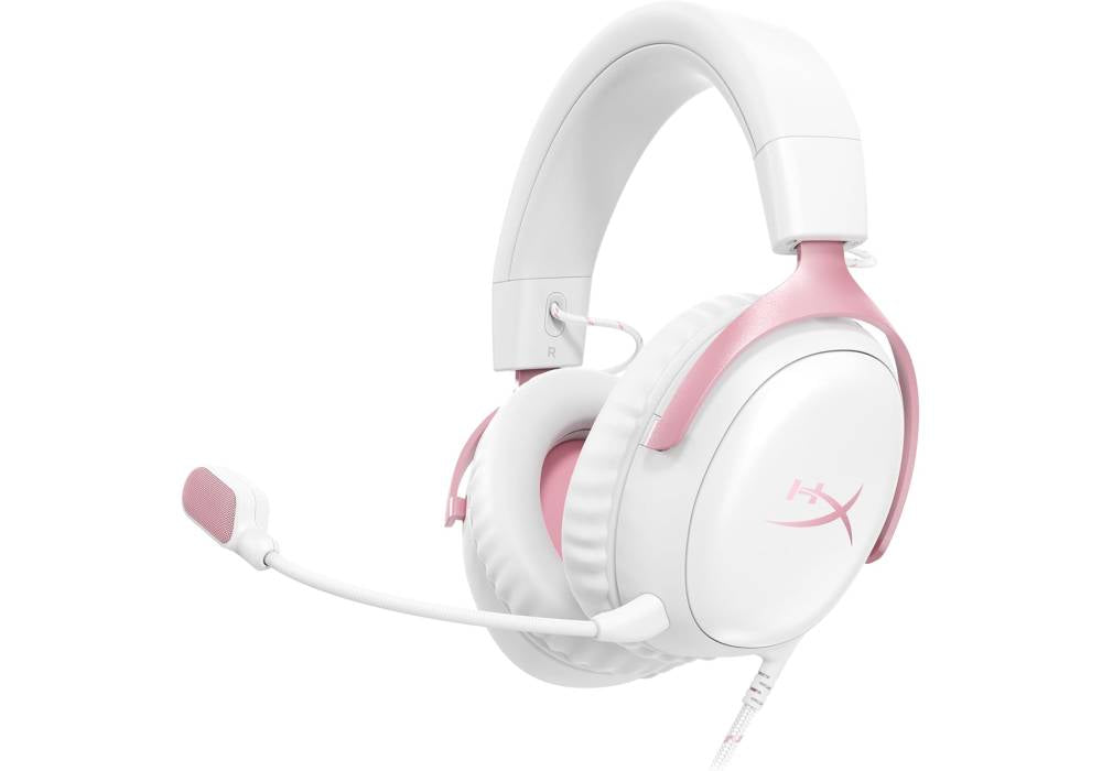HyperX Cloud III Wired Gaming Headset – 53mm Drivers, DTS Spatial Audio, Detachable Noise‑Cancelling Mic, Multi‑Platform Compatibility, Memory Foam Comfort, White Pink
