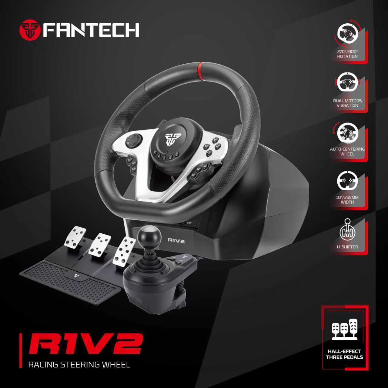Fantech R1V2 Racing Steering Wheel | Dual-Motor Vibration | 270° / 900° Rotation | 15 Buttons + D-Pad | 6 Gears + Reverse | 3 Pedals (Clutch, Brake & Throttle) | PC Driving Wheel Set with Clutch and Shifter Fantech R1V2 Racing Steering Wheel | Dual-Motor Vibration | 270° / 900° Rotation | 15 Buttons + D-Pad | 6 Gears + Reverse | 3 Pedals (Clutch, Brake & Throttle) | PC Driving Wheel Set with Clutch and Shifter