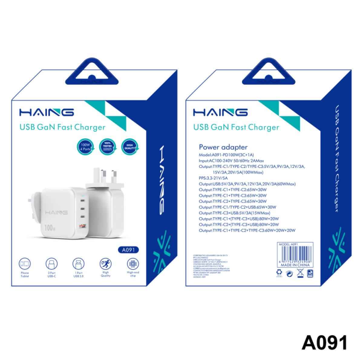 HAING HI-A091 4 Port USB Type-C GaN Fast Charger UK 100W HAING HI-A091 4 Port USB Type-C GaN Fast Charger UK 100W