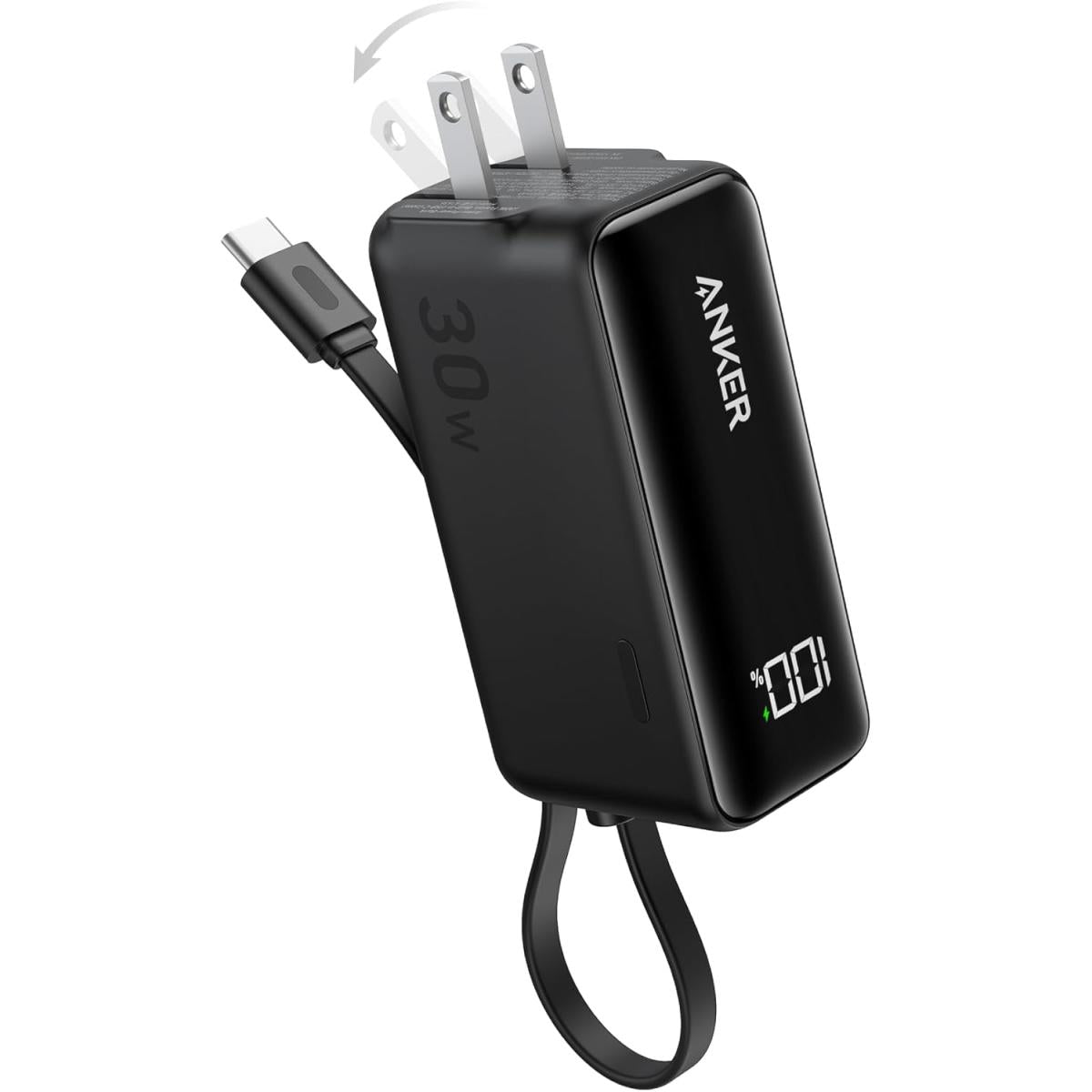 Anker Power Bank USB C Charger Block, 3-in-1 5,000mAh Portable Charger with Built-in USB-C Cable and Foldable AC Plug, 30W Max Compa Battery Pack, for iPhone 15 Series, Galaxy, MacBook, and More - Black