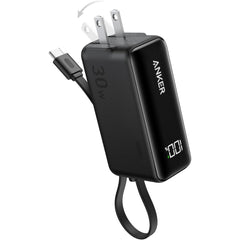 Anker Power Bank USB C Charger Block, 3-in-1 5,000mAh Portable Charger with Built-in USB-C Cable and Foldable AC Plug, 30W Max Compa Battery Pack, for iPhone 15 Series, Galaxy, MacBook, and More - Black