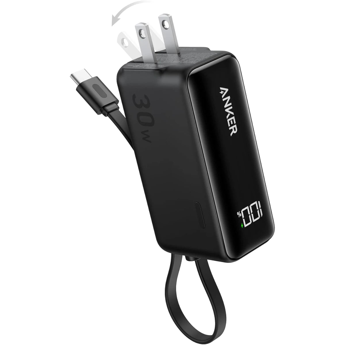 Anker Power Bank USB C Charger Block, 3-in-1 5,000mAh Portable Charger with Built-in USB-C Cable and Foldable AC Plug, 30W Max Compa Battery Pack, for iPhone 15 Series, Galaxy, MacBook, and More - Black