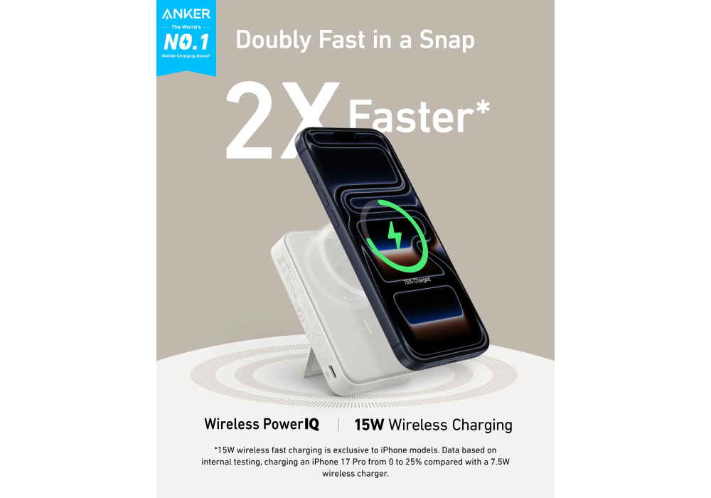 Anker MagGo Power Bank, Qi2 Certified 15W Ultra-Fast MagSafe-Compatible Portable Charger, 10000mAh Battery Pack with Smart Display & Foldable Stand, For iPhone 16/15/14/13 Only (USB-C Cable Included) White - 18 Month Warranty