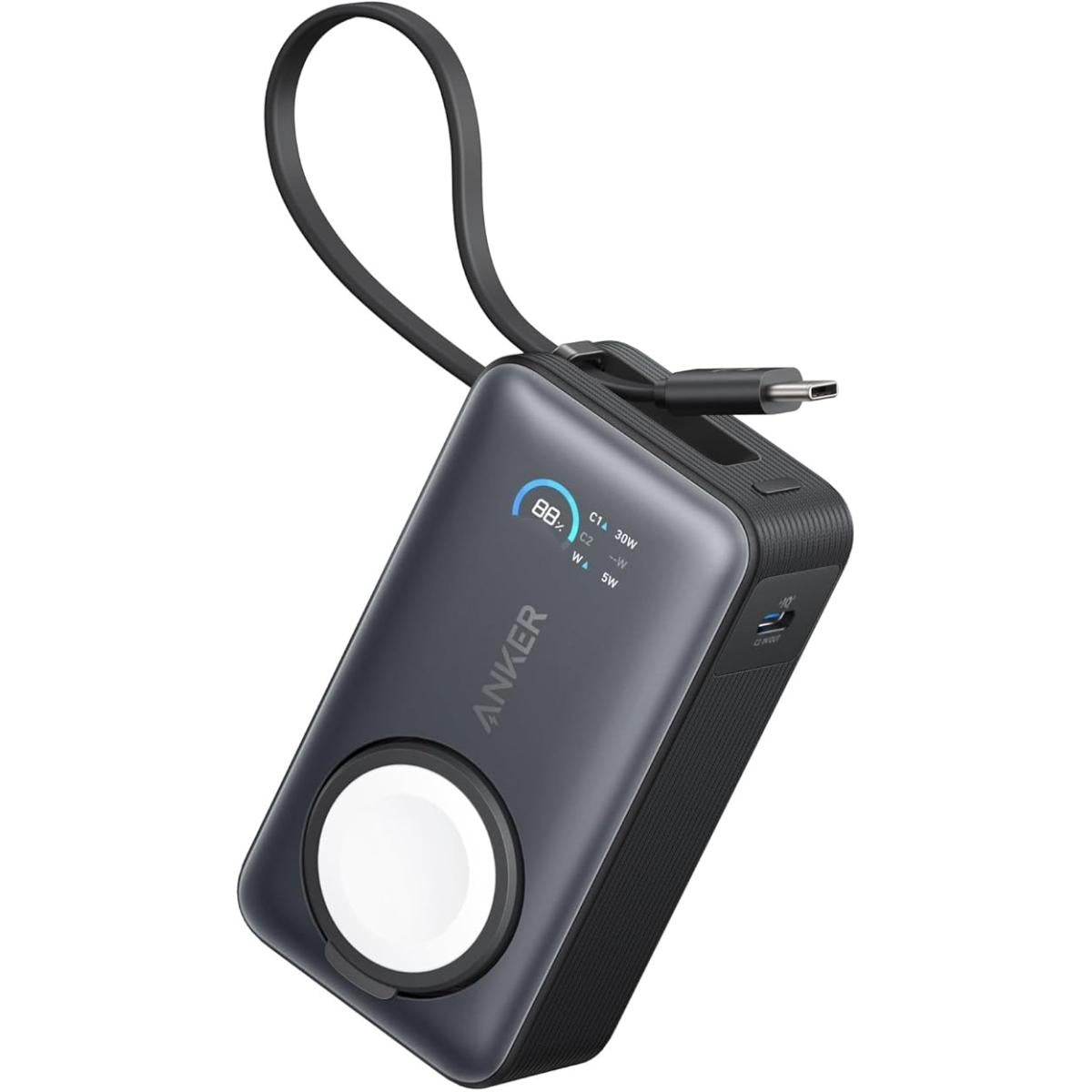 Anker MagGo Power Bank for Apple Watch, Officially Certified 10,000mAh Compa Battery Pack with Built-in USB-C Cable, 35W Max, for iPhone 15 Series, Samsung, iPad, AirPods, and More - Black