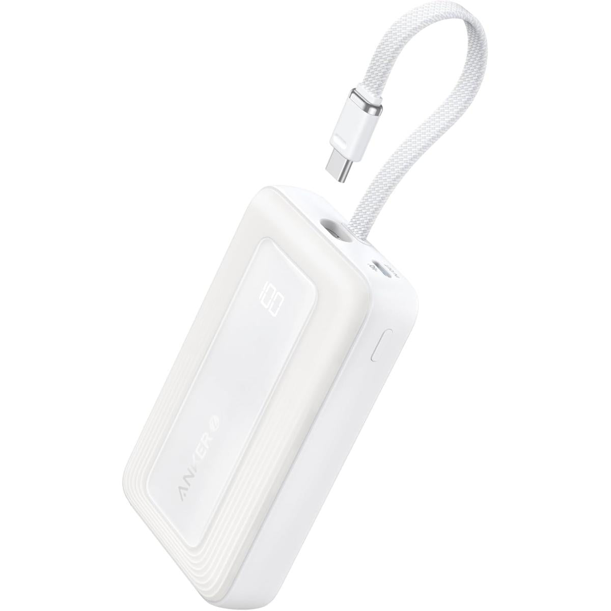 Anker A1688 Zolo Portable Charger, 10,000mAh 30W Power Bank with Built-in Lanyard USB-C Cable for Travel, Fast Charging Battery Pack - White