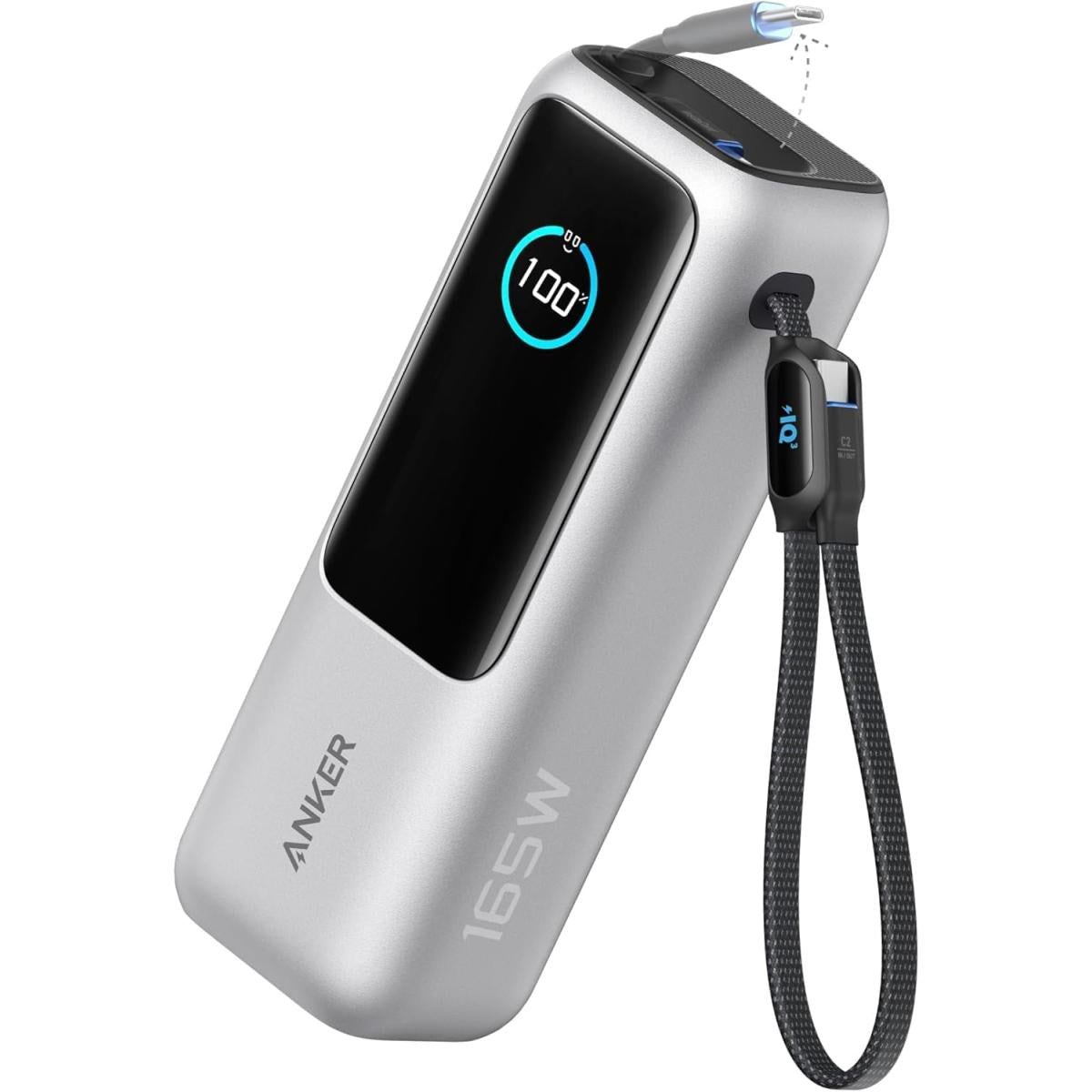 Anker Zolo Power Bank 165w, 25,000mah Portable Charger With Triple 100w Usb C Ports For Multi Device Charging, Built In And Retraable Cables, For Iphone 16/15 Series, Macbook, Samsung, And Laptop's Silver