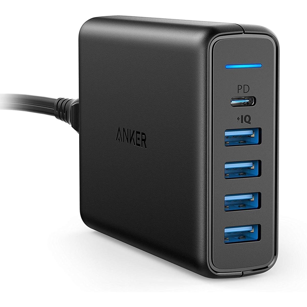 Anker Powerport 60w 5 Port Desktop Charger, With One 30w Power Delivery Port For Apple Macbook, Nexus 5x/6p, And 4 Poweriq Ports For Iphone, Ipad, And More. Black