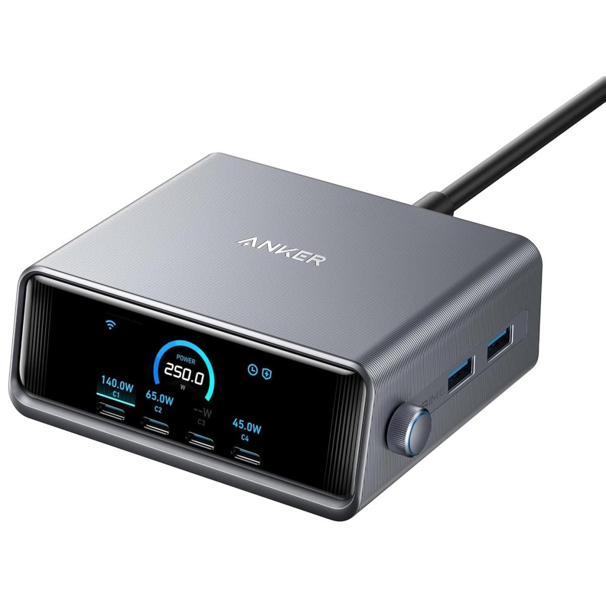 Anker Prime Charger, 250W GaN Prime USB C Charging Station, Ultra-Fast 6-Port, 2.26" LCD Display and Smart Control Dial, Compatible with MacBook Pro/Air, iPhone 16/15/14, Galaxy, and More - Silver