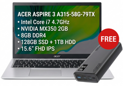 Acer Aspire 3 A315-58G-79TX Laptop Free Power Bundle - Intel Core i7 4.7GHz, NVIDIA MX350 2GB, 8GB DDR4, Dual Storage (128GB SSD + 1TB HDD), 15.6″ FHD IPS, Silver w/ Promate Bolt-20PD Universal 20000mAh 20W Power Bank