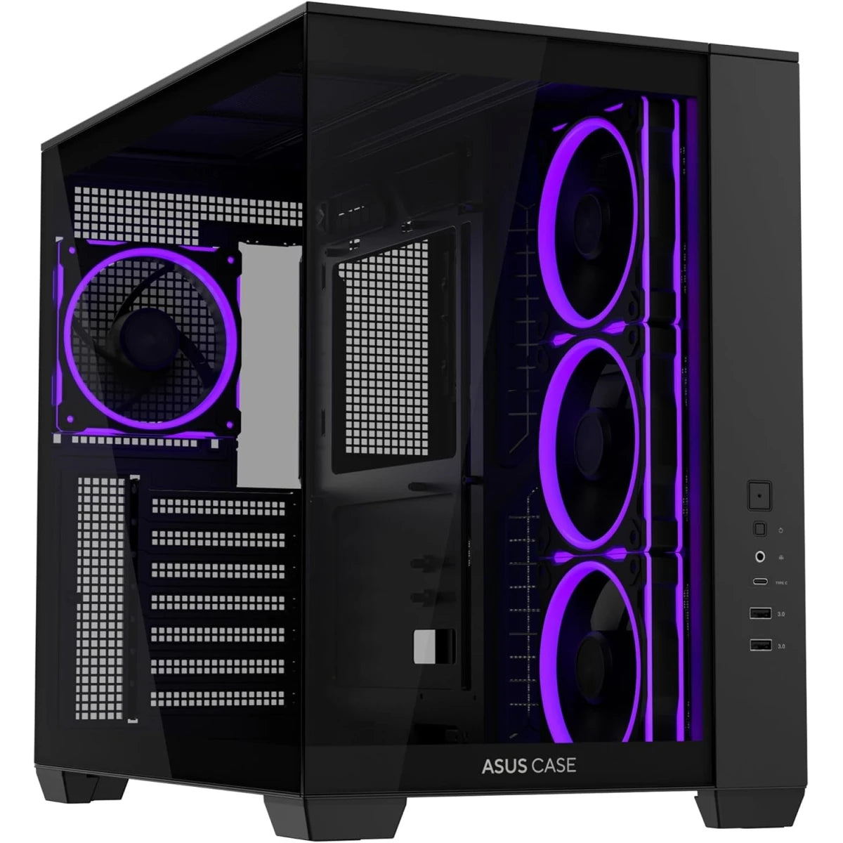 ASUS A32 PLUS ATX Computer Case, 4x Pre-Installed aRGB Fans, Up to 360mm Radiator & 10x 120mm Fan Support, 270° Panoramic View, Detach Side Panels, Black