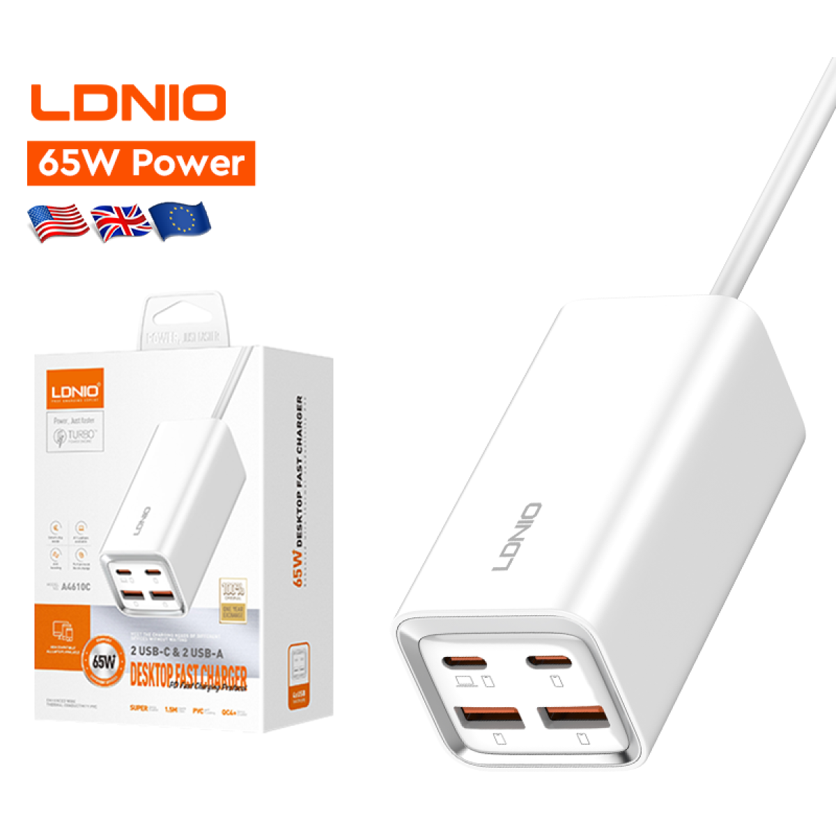 Ldnio A4610c 65w High Power Support 4 Port Usb Uk Us Eu Plug Type C Qc3.0 Fast Charger Adapter Universal Charger For Laptop White