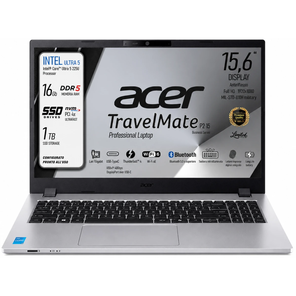 Acer TravelMate P2 15 (2025) Intel® Ultra 5 Gen II 225U 12-Cores Secure, Durable & High-Performance AI Business Laptop w/ TravelMateSense & Fast Charging - Silver