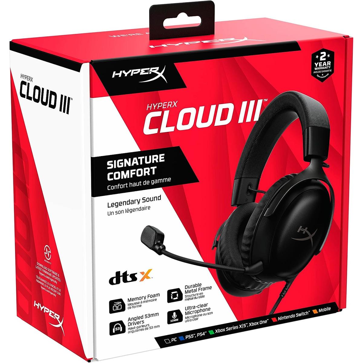 Hyperx Cloud Iii Wired Angled 53mm Drivers Dts Memory Foam Durable Frame Ultra Clear 10mm Mic Usb C & Usb A 3.5mm For Pc, Ps5, Xbox Series X|s Black