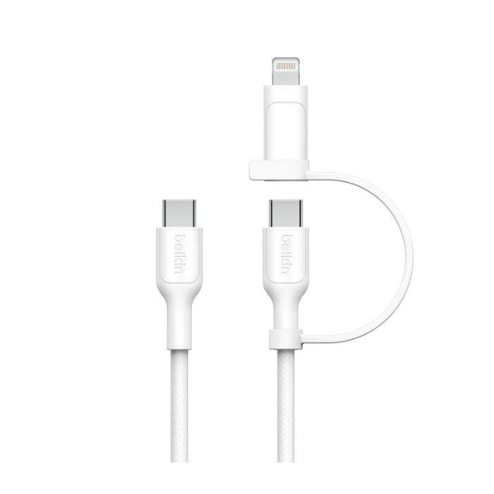 Belkin Boost Charge 2in1 USB-C to USB-C Braided Cable with Lightning adapter, 1.5Mm, White - CAC003hq1.5MWH