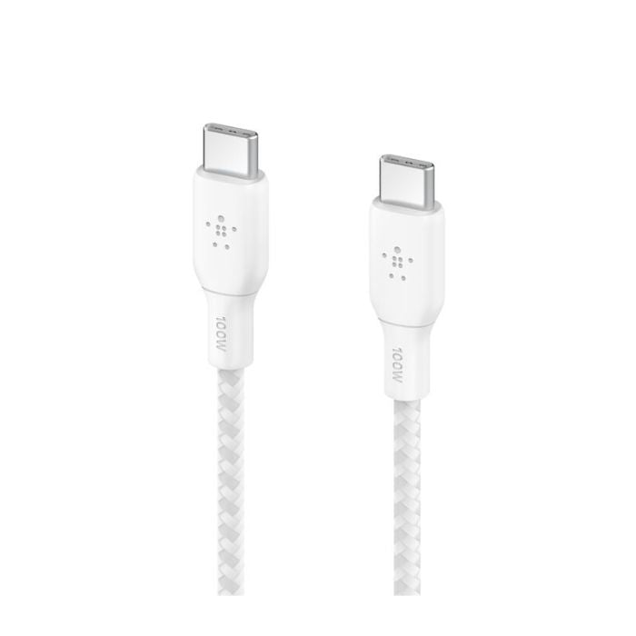 Belkin Boost Charge USB-C to USB-C Braided Cable, 2Mm, 100W PD, White - CAB014bt2MWH