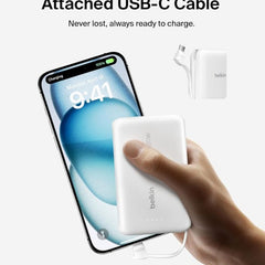 Belkin Boost Charge Power Bank 10000Mah, PD 20Watts with USB-C, Integrated Cable and USB-C Port, White - BPB021hqWH